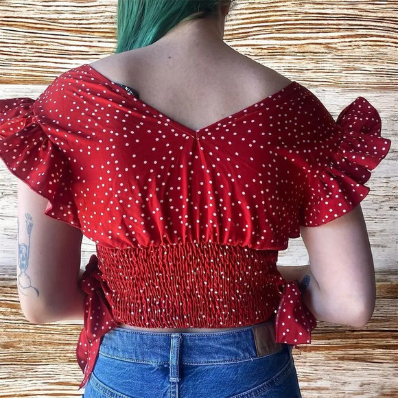 Shein Women's Red Polka Dot Ruffle Sleeve Crop Top Size XS - Picture 3 of 4